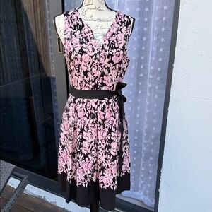 Carmen Marc Valvo Black Midi Dress with Pink Floral Print and Black Waist Tie